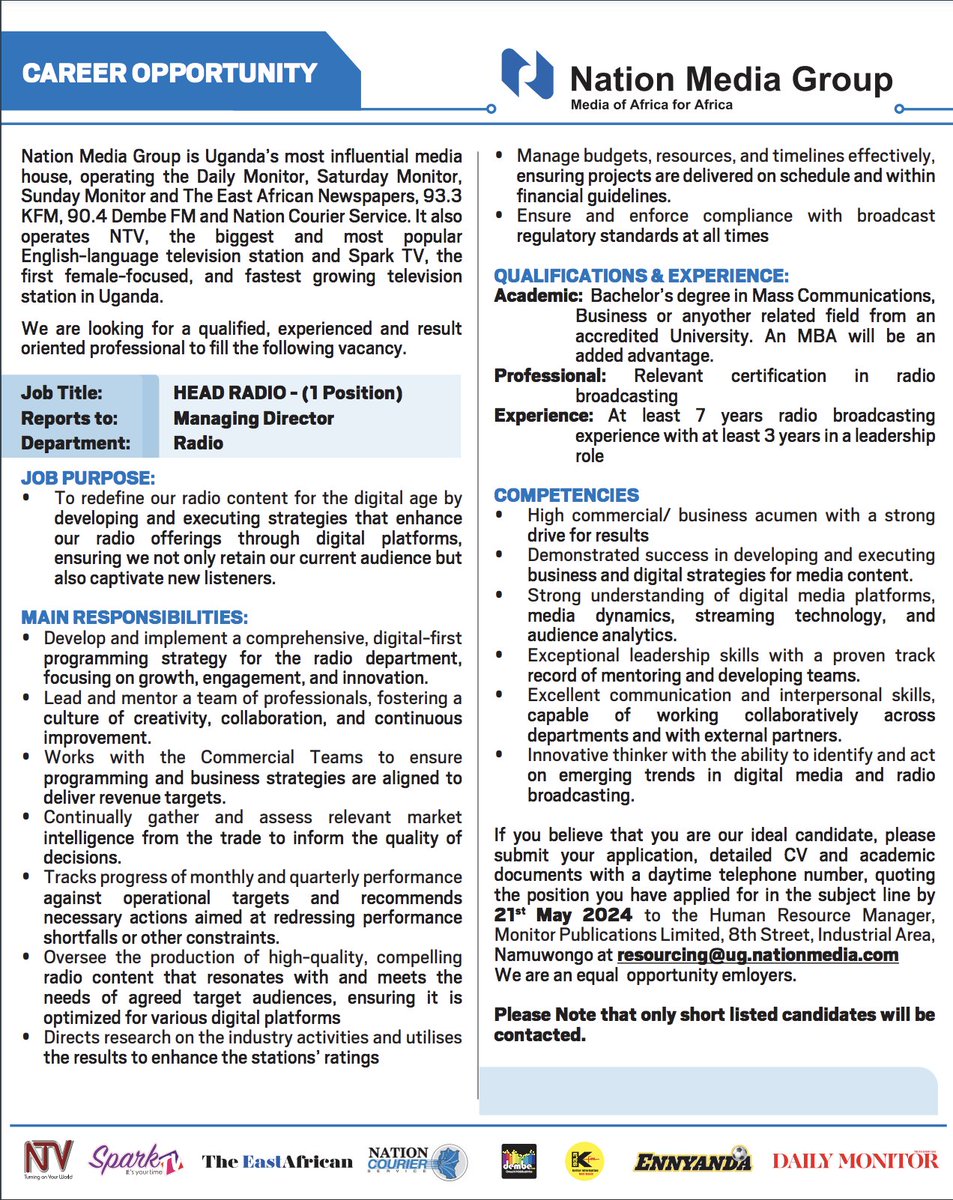 JOB ALERT: Nation Media Group - Uganda is looking for a dynamic leader to head the Radio department. Are you a qualified, experienced, and results-driven professional? Check out the details below to see if you're a perfect fit and learn how to apply. #NMGCareers