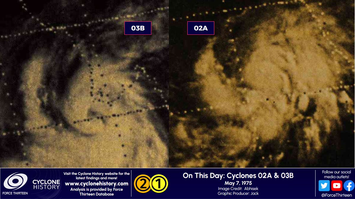 #OTD in 1975, #Cyclone02A was strolling around as a #Category2 in the #ArabianSea.

And #Cyclone03B was making what is thought to be a #Category1 landfall in Myanmar, it then moved inland and dissipated the next day.