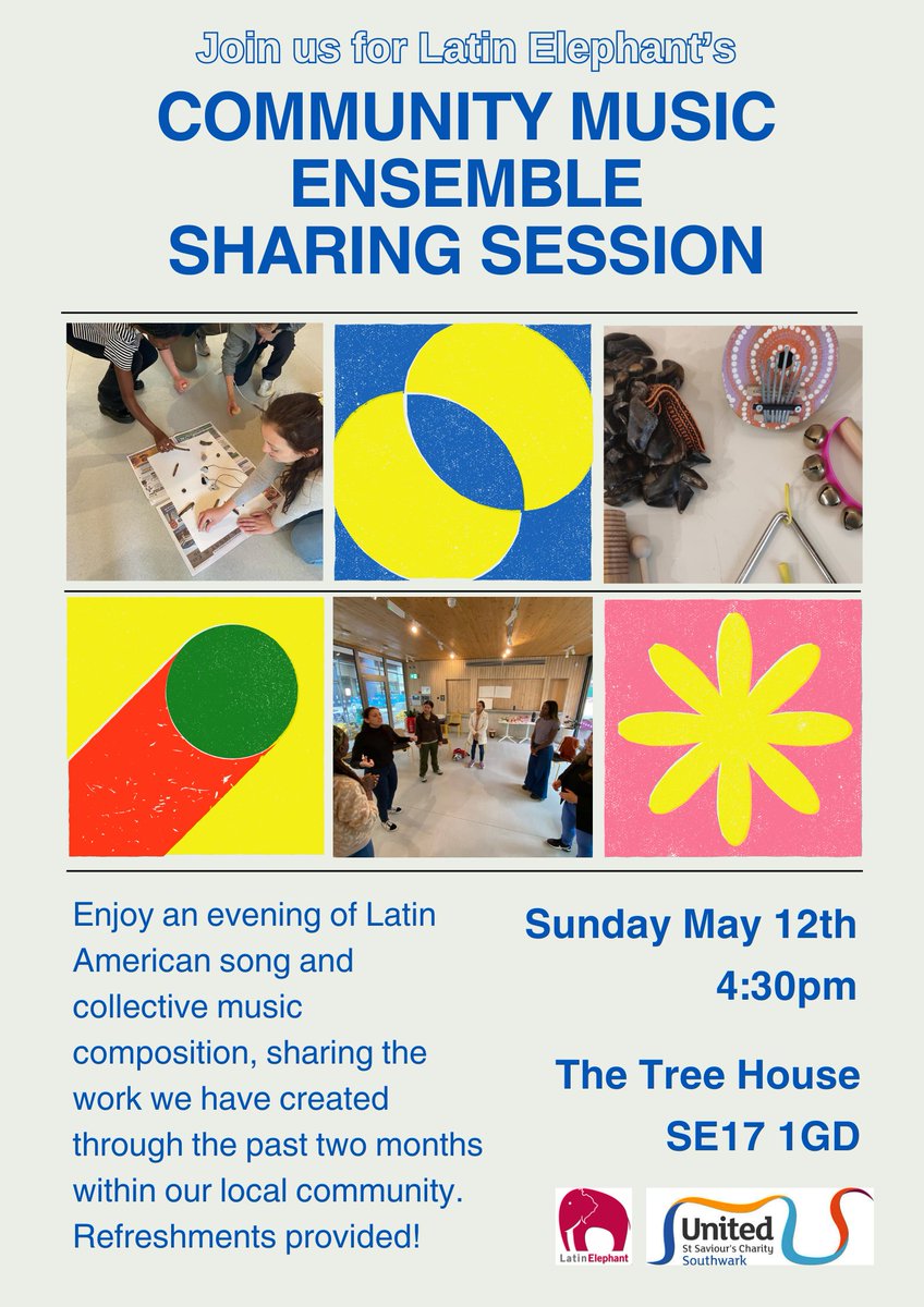 Join us for our Community Music Ensemble Sharing Session! 🪘🪇🥟 An evening of Latin American song & collective compositions, sharing music made over the past 2 months within our local community ✨Sun May 12 ✨4.30pm doors & refreshments ✨5pm music The Tree House, SE17 1GD