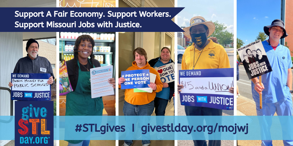 To build a Missouri that works all of us, we have to organize money to organize people to build power with working class folks across #STL and beyond. Invest in Missouri Jobs with Justice 👉👉👉 🔗givestlday.org/mojwj #STLgives #Solidarity