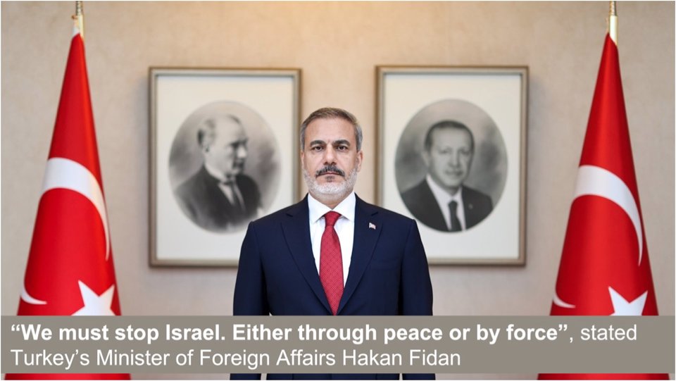 #Turkey's MoFA, @HakanFidan, here standing before the portraits of the first and current Presidents of the Republic of Turkey, Mustafa #Kemal and Recep Tayyip #Erdogan, two genociders, two presidents whose hands are stained with the blood of millions, had the audacity to utter:…
