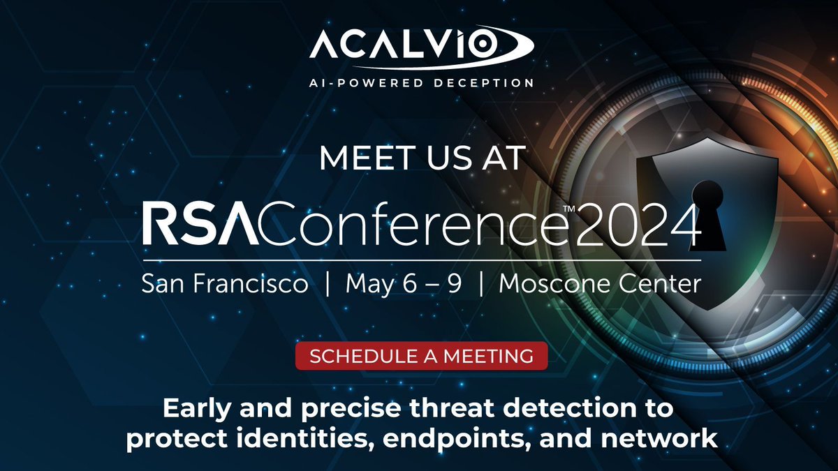 AcalvioTech's tweet image. Attending RSA Conference?  Meet our founders and cyber deception experts!!! buff.ly/4bbkTAb

Our experts are available to demo and discuss use cases of deception technology to protect identities, endpoint and network.

#CyberDeception #IdentityProtection