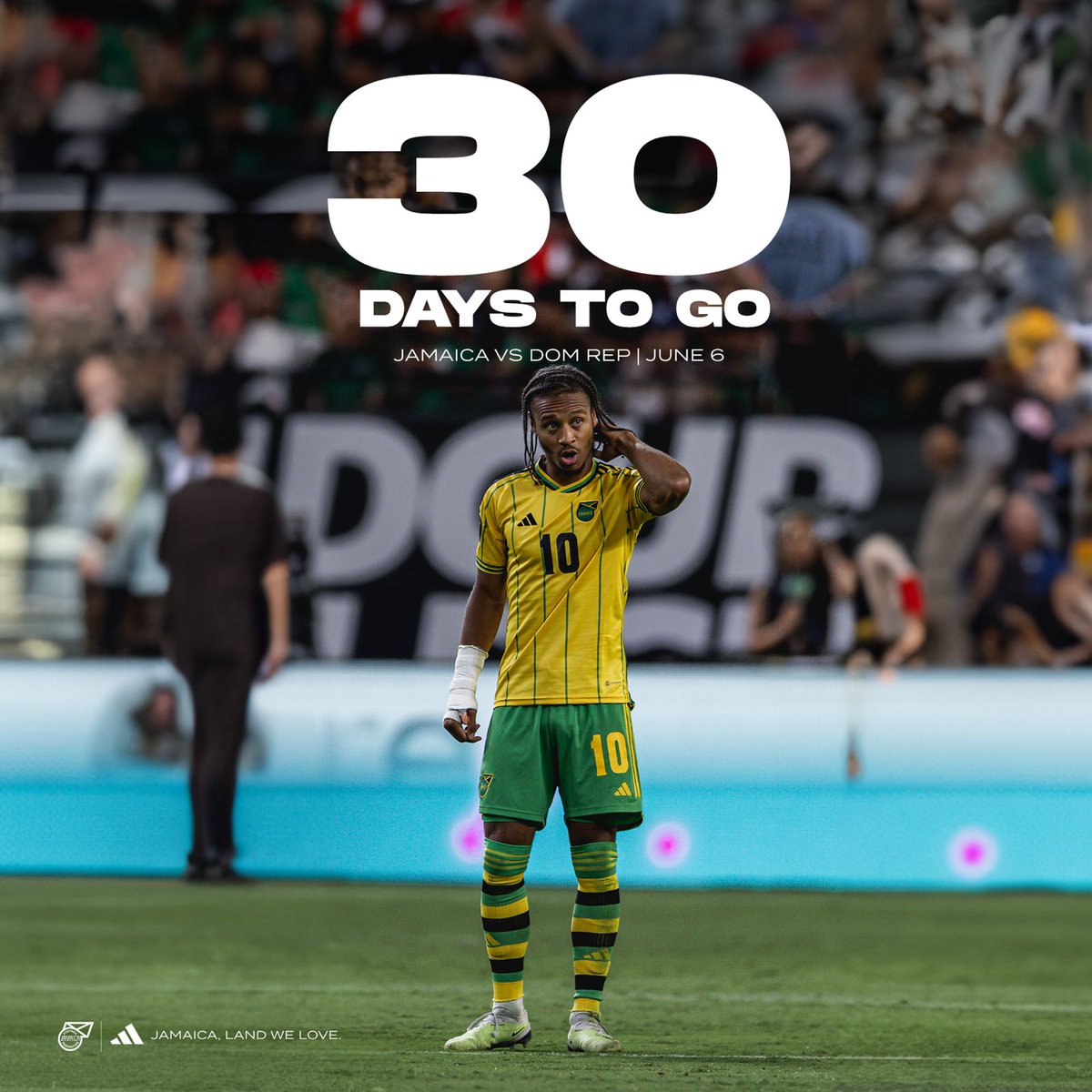 In 30 days time, Jamaica will host the Dominican Republic at National Stadium on June 6th to kick off our World Cup Qualifiers campaign. Which player are you most excited to see on the pitch? Comment below. See you there ✨ #ReggaeBoyz #JamaicaLandWeLove #Jamaica2026 🇯🇲