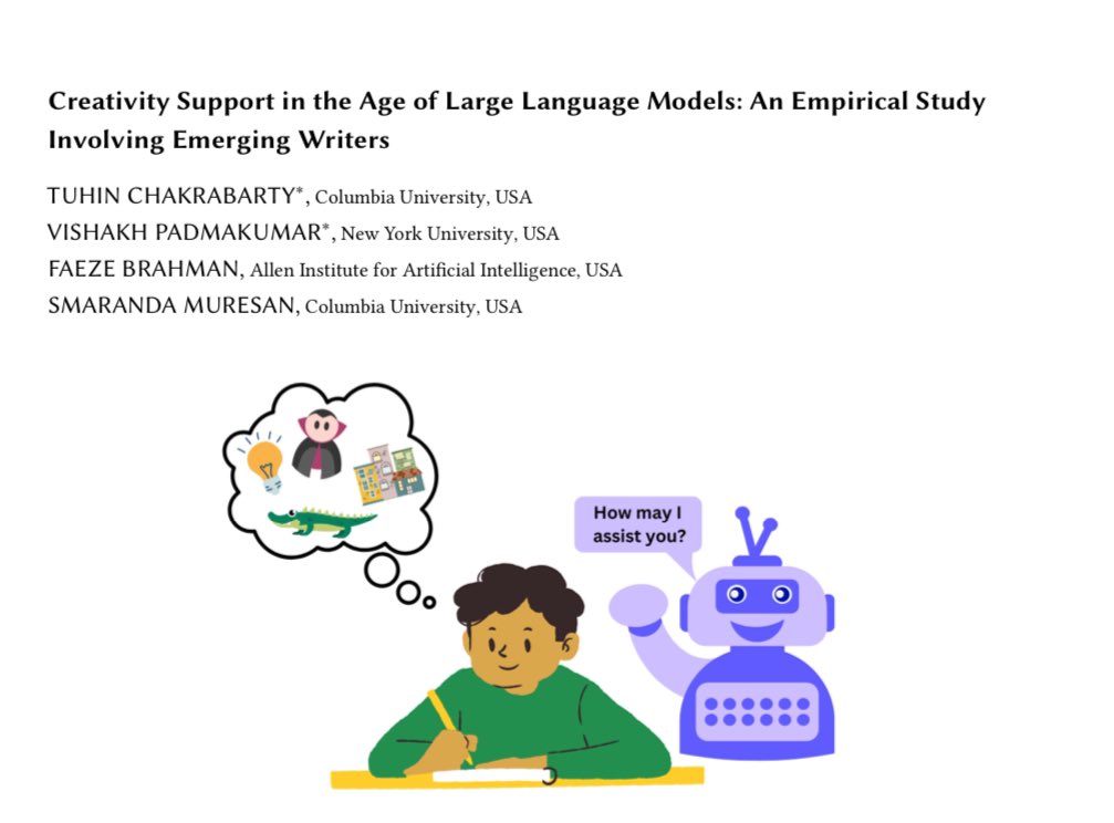 Tuhin Chakrabarty (@tuhinchakr) on Twitter photo If you are also working on LLMs and writing / AI assisted Creativity / Visual Blending with VLMs please say hi. I am also happy to chat about my upcoming <a href="/acm_cc/">Creativity & Cognition</a> paper If you are also working on LLMs and writing / AI assisted Creativity / Visual Blending with VLMs please say hi. I am also happy to chat about my upcoming <a href="/acm_cc/">Creativity & Cognition</a> paper