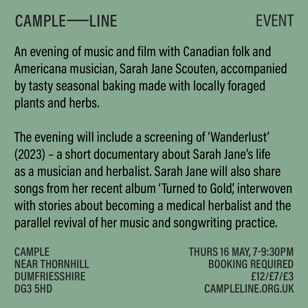Join us on Thursday 16 May for an evening of music and film with Canadian folk and Americana musician, Sarah Jane Scouten, accompanied by tasty seasonal baking made with locally foraged plants and herbs. 🗓️Thurs 16 May, 7-9:30pm 🎟️ Tickets: £12 / £7 / £3 Book via link in bio