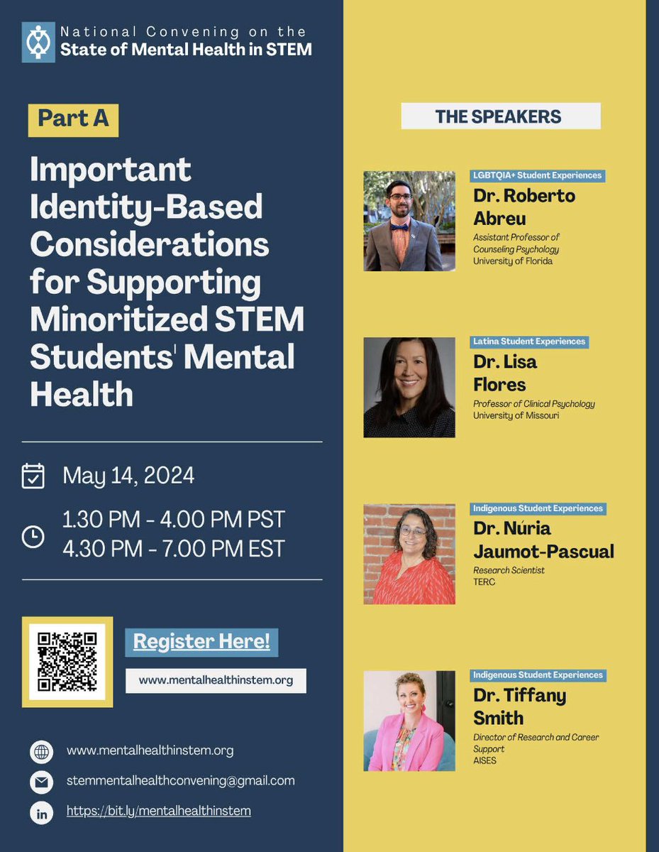 Join me on Tuesday 5/14/24 @ 4 PM EST/ 1 PM PST, virtually, and be sure to attend the session on “Identity Based Considerations for Supporting Minoritized STEM Students' Mental Health'. Check out the website to register! (mentalhealthinstem.org)