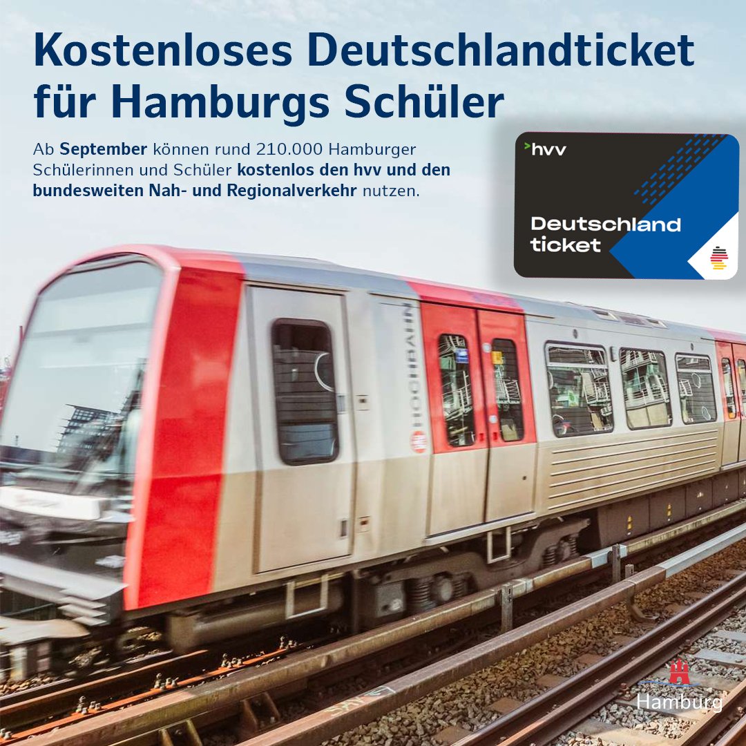 Ab dem kommenden Schuljahr erhalten Hamburgs Schülerinnen und Schüler ein kostenloses #Deutschlandticket. So werden Familien finanziell entlastet. Rund 210.000 junge Menschen an 482 Schulen können davon ab September profitieren. Mehr Infos: t.hh.de/18628914