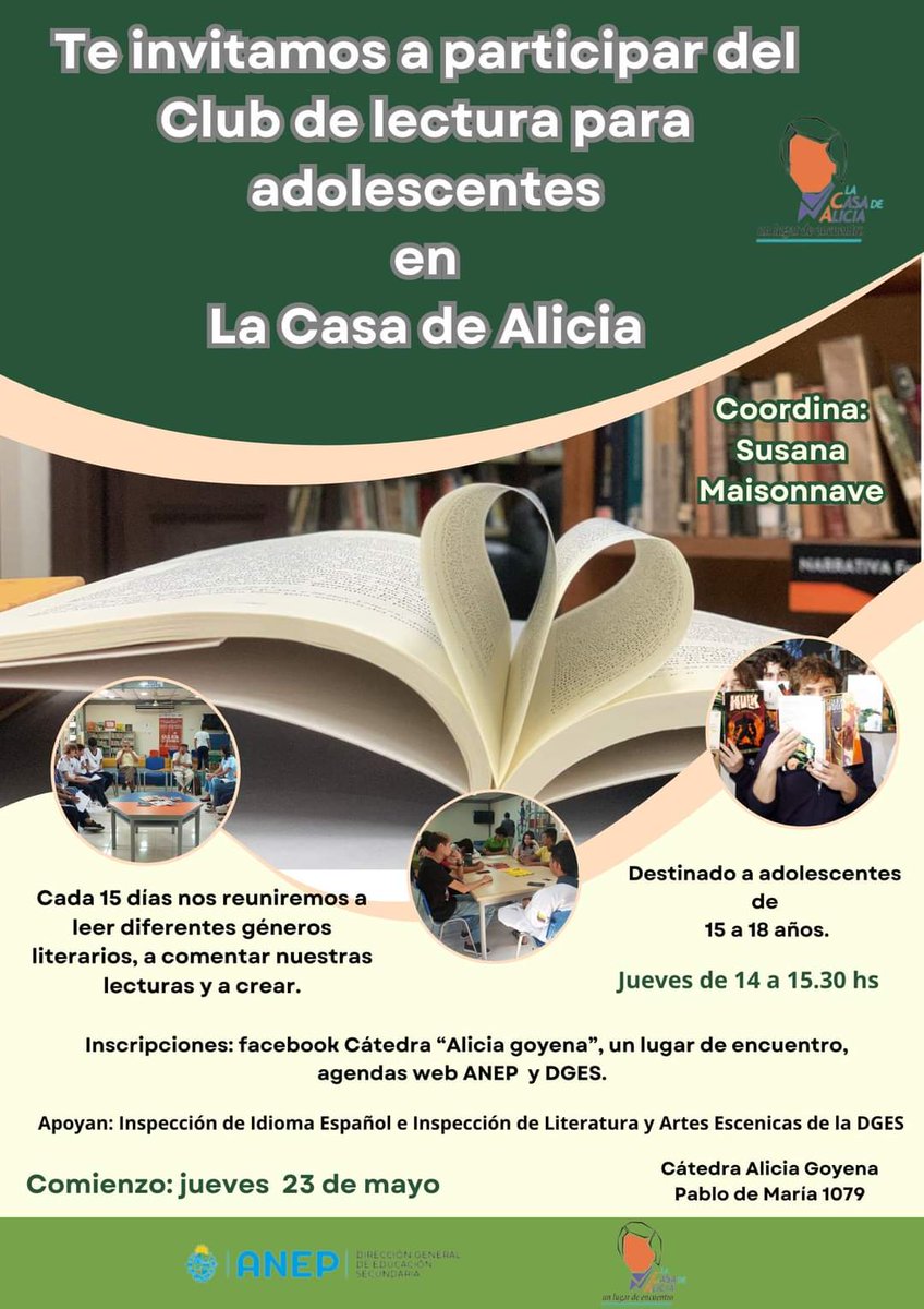 Club de Lectura para adolescentes de 15 a 18 años en La Casa de Alicia. Jueves de 14 a 15.30 hs. Frecuencia quincenal. Inicio: 23/5. Coordina: Susana Maisonnave. Inscripciones abiertas. Te esperamos!
<a href="/ANEP_Uruguay/">ANEP</a> <a href="/dges_Uruguay/">Educación Secundaria</a>