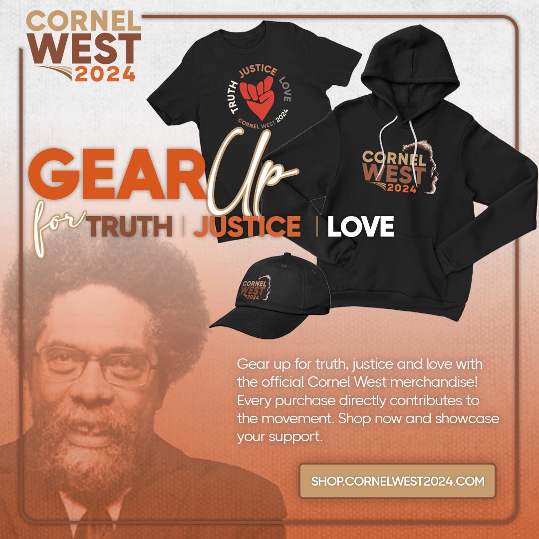 🚨Shop MERCH in the Cornel West for President store! Show your support and stand in solidarity as one who has the courage to work toward an uplifted vision for our future. Visit: shop.cornelwest2024.com ✨ #merch #shop #donate #CornelWest2024 #truthjusticelove