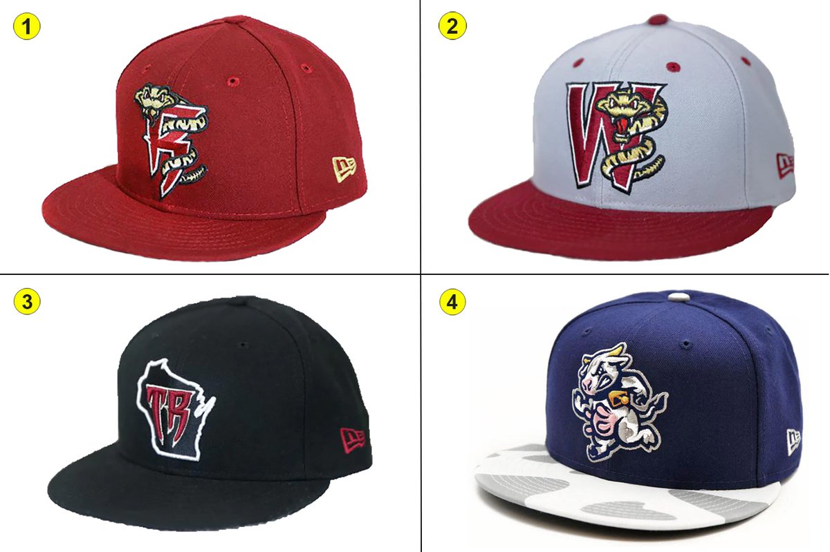 Dad and I will visit the @MiLB @TimberRattlers on July 6 for Game 22 of our 23-day, 23-team Eastern Midwest Road Trip. I limit myself to one hat per team. Which should it be? 1, 2, 3, or 4? (Or post an alternate in the comments.) #23ballparks23days