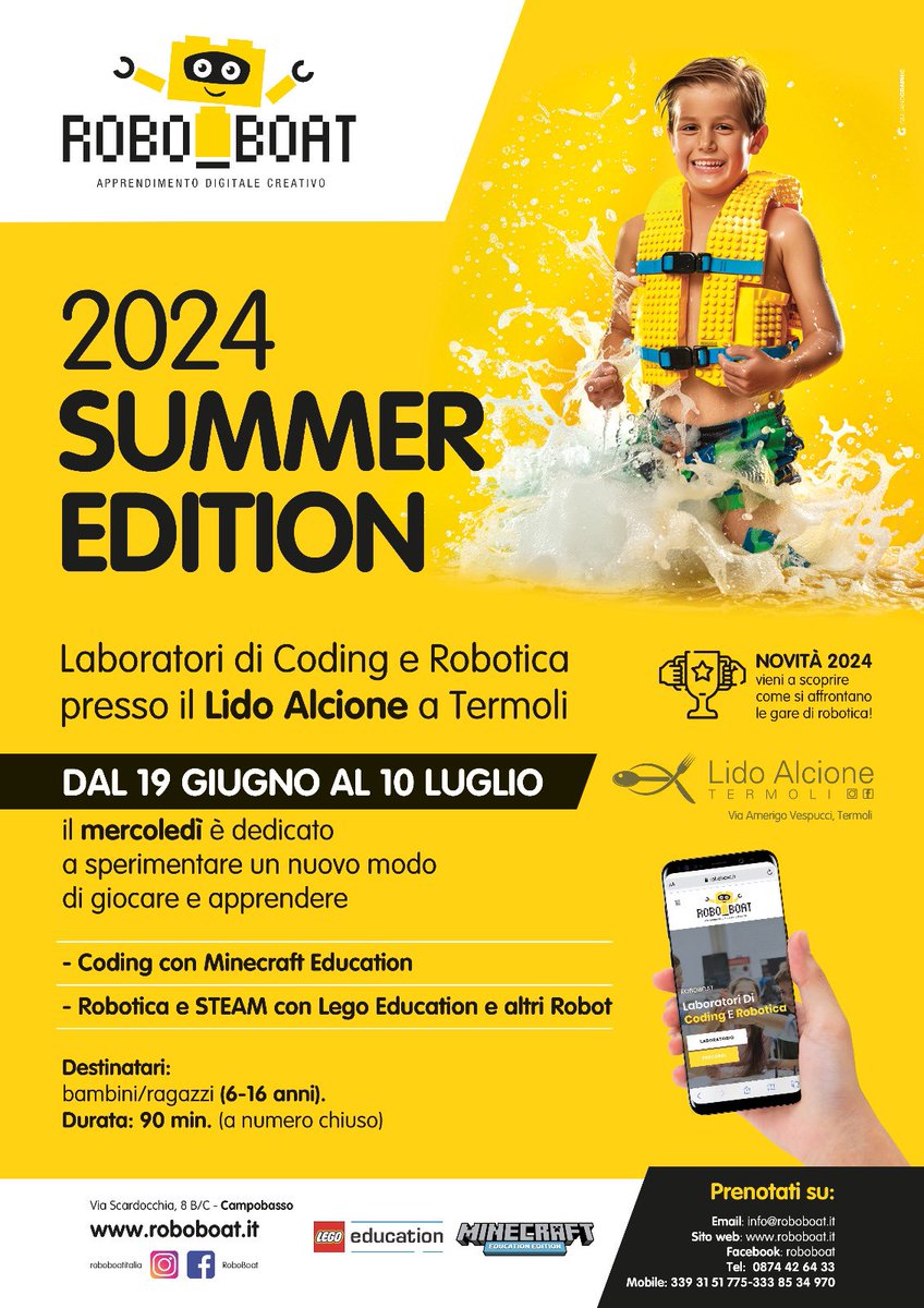 🟡⚫️ Roboboat Summer Edition 2024

🤖Laboratori di Coding e Robotica Creativa 

🗓️ Dal 19 Giugno al 10 Luglio 

📌 Termoli - Lido Alcione in terrazza 

💻Minecraft Education/ Lego Education

👉 Iscriviti qui -> roboboat.it/laboratori-di-…

#coding #robotics #steam #education #molise