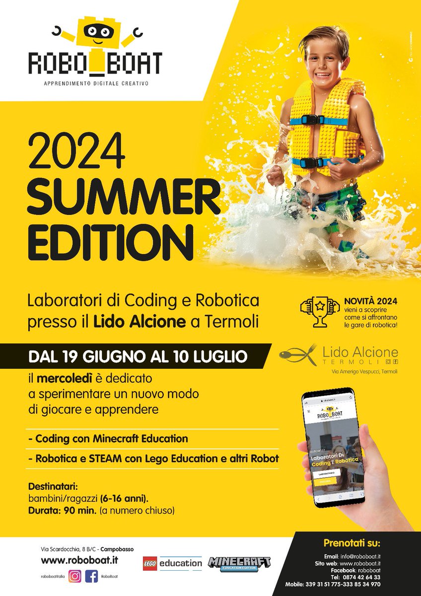 🟡⚫️ Roboboat Summer Edition 2024

🤖Laboratori di Coding e Robotica Creativa 

🗓️ Dal 19 Giugno al 10 Luglio 

📌 Termoli - Lido Alcione in terrazza 

💻Minecraft Education/ Lego Education

👉 Iscriviti qui -&gt; roboboat.it/laboratori-di-…

#coding #robotics #steam #education #molise