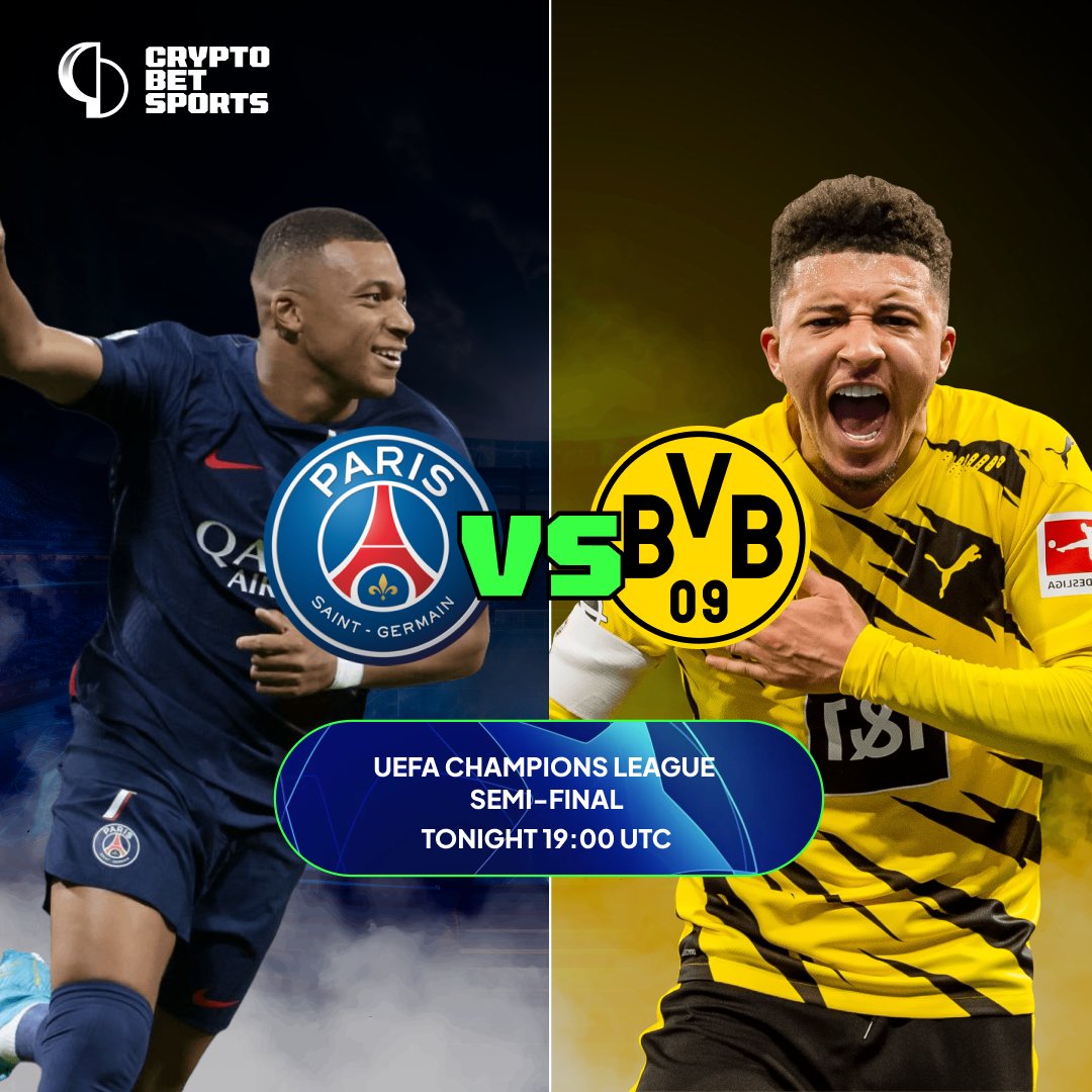 Round two of the Champions League semi-final is upon us! Can PSG turn the tide versus Dortmund? Place your bets now cryptobetsports.com! ⚽️ Let the games begin!