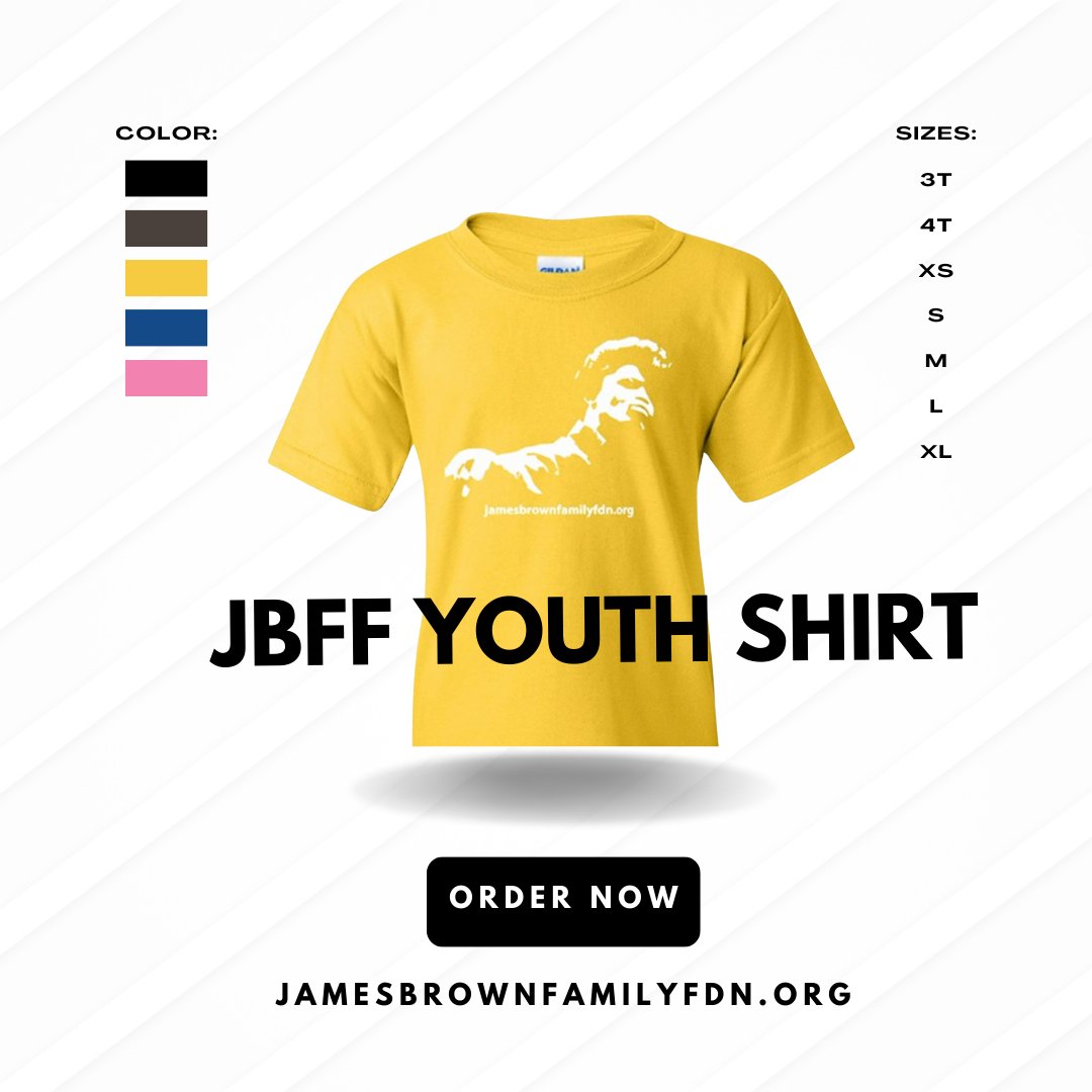 Exciting News! 🚨 Introducing youth sizes for our JBFF shirts, influenced by Mr. Brown's passion for bright colors. 🌈 Visit jamesbrownfamilyfdn.org today to grab yours and let the kids flaunt the legend's iconic style! #JamesBrownFashion #YouthSizesAvailable #Jbffyouthshirts