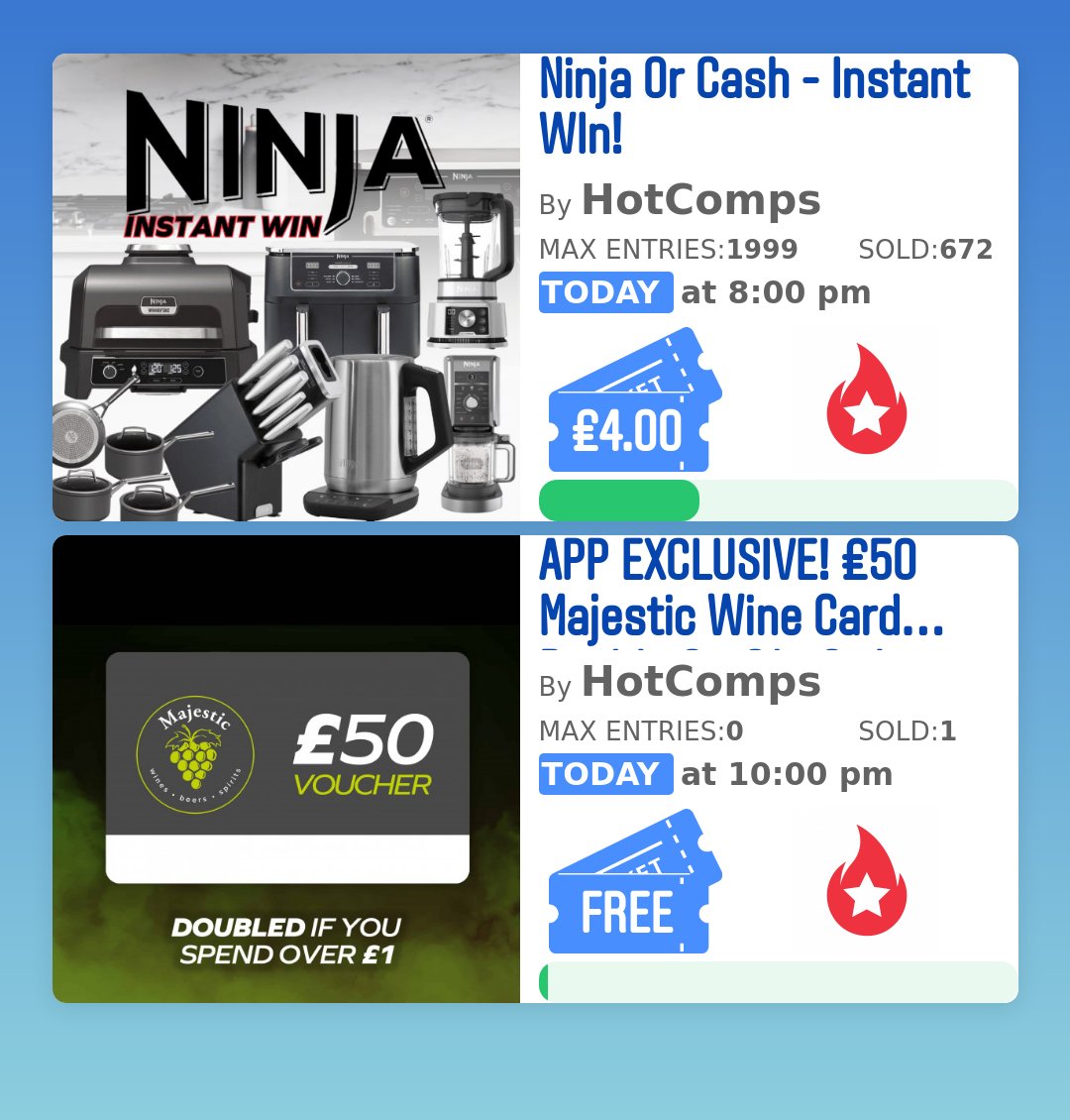 Check these competitions out on competitioncountdown.live ! 
Ninja Or Cash - Instant WIn!
APP EXCLUSIVE! £50 Majestic Wine Card Double On £1+ Orders

 Competition Countdown does not run any competitions, we just show you all the best one is one place! 🔥🔥 WOW 👀 
 
 #bbquk...