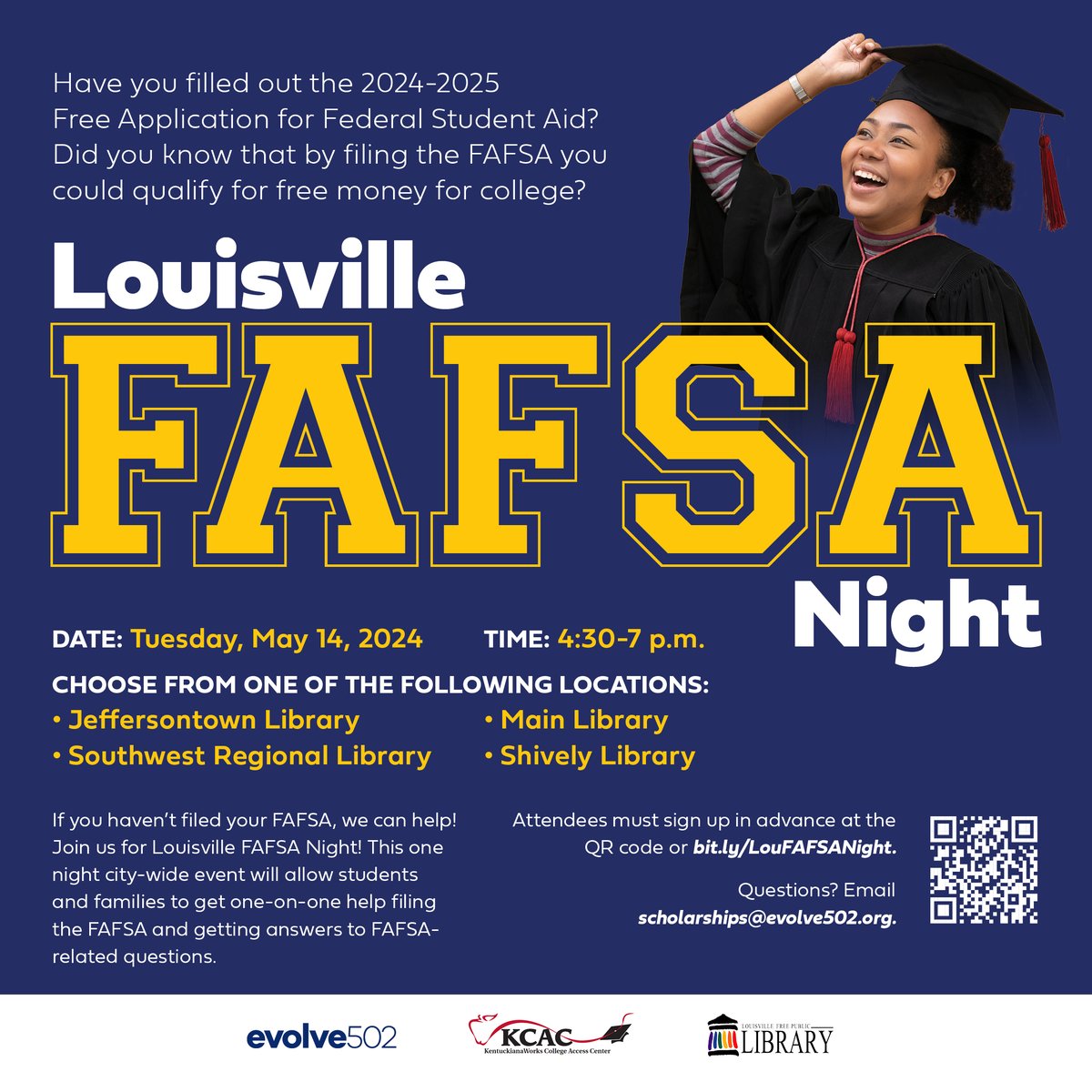 Join Evolve502, @lfpl and @KCACtrio for Louisville FAFSA Night 4:30-7 p.m. Tuesday, May 14! Attendees will be able to get 1-to-1 help filing their FAFSA &amp; get answers to FAFSA questions. Attendees must register in advance at bit.ly/LouFAFSANight