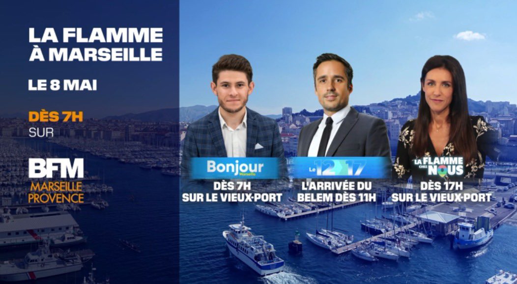 🔥 Ce mercredi, vivez l’arrivée de la flamme sur <a href="/BFMMarseille/">BFM Marseille Provence</a> ! ⛵️

🔵 Dès 7h, <a href="/S_Maggiolini/">Stéphane Maggiolini</a> sur le Vieux-Port pour les derniers préparatifs

🟢 À 11h, <a href="/JeanLazuech/">Jean Lazuech</a> suivra l’arrivée du Belem dans la rade

🔴 Dès 17h, <a href="/sophiehebrard/">Sophie HébrardFicaja</a> sur le Vieux-Port pour l’arrivée de la flamme