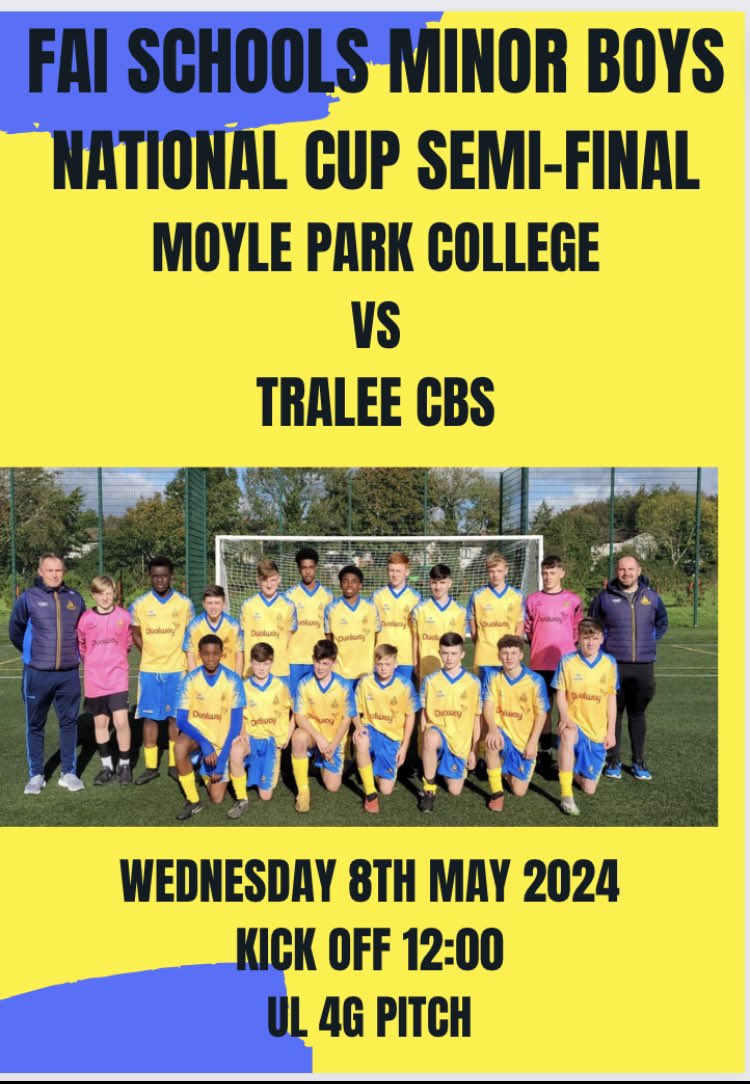 Our Under-15 soccer team play in the @faischools Minor Boys National Cup semi-final tomorrow against CBSTralee. A proud day for our school community! Wishing all of the lads & coaches Mr. Condren & @RichardKerins1 the very best of luck from everyone @moylepark