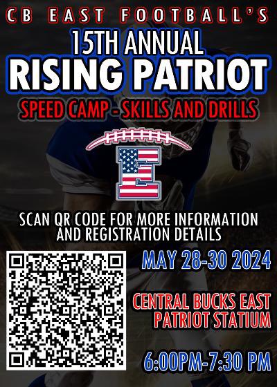 Attention Youth Football Players! Come join us in a few weeks for the 15th Annual Rising Patriot Speed Camp / Skills & Drills! Check graphic for all the information you need! #EastSide