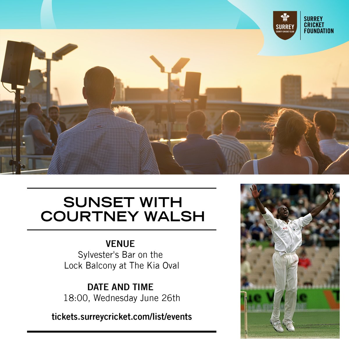🌇Sunset with Courtney Walsh 🌇 Join us for an unforgettable evening with West Indian fast-bowling legend Courtney Walsh! Enjoy stunning views, reception drink, two course Caribbean street food menu, & an exclusive Q&A. 🎟️ Get your tickets now: tickets.surreycricket.com/selection/even…