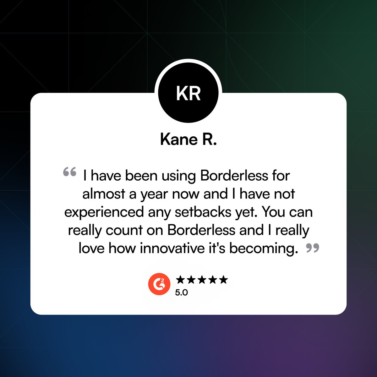 hireborderless's tweet image. We&apos;re dialled in on our core value of customer obsession. 😁

Read our G2 reviews: bit.ly/3UtOfEy

#BorderlessAI #G2Reviews #CustomerObession