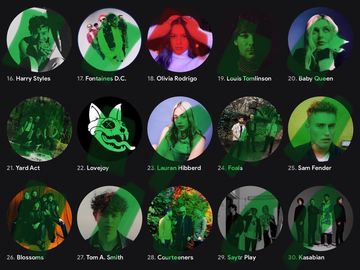 how many of my top 30 artists i’ve seen 28/30 💚- seen 💛 - tickets for ❤️- not seen :(