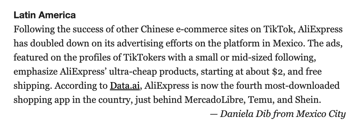 Keeping an eye on Chinese e-commerce apps: AliExpress is more popular than Amazon in Mexico now. For more weekly insights from the Latin America desk (and all our other regions!) at @restofworld, subscribe to The Global newsletter restofworld.org/newsletters/gl…