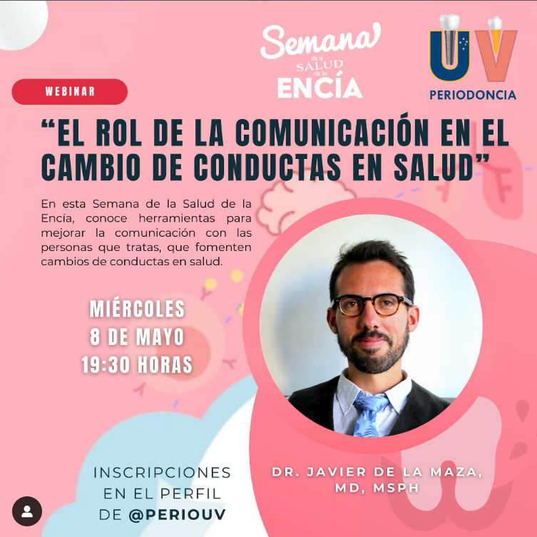 La @uvalpochile invita al webinar: 'EL ROL DE LA COMUNICACIÓN EN EL CAMBIO DE CONDUCTAS EN SALUD', cuyo expositor será el Dr. Javier de la Maza. El evento será mañana miércoles 8 de Mayo, a las 19:30 Inscripciones: reuna.zoom.us/.../register/W… Instagram: instagram.com/periouv