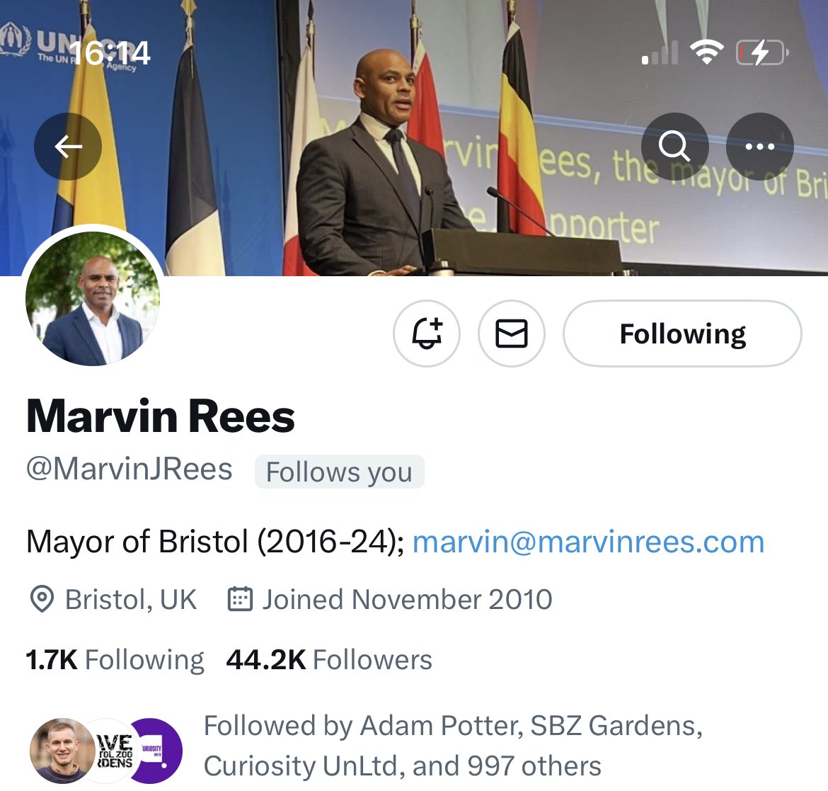 The former mayor of Bristol has updated his Twitter bio