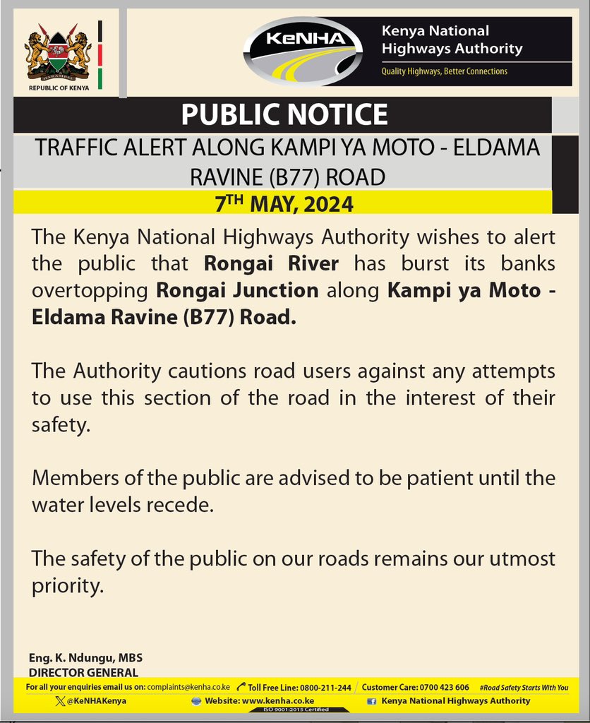 Traffic alert along Kampi ya moto - Eldama Ravine (B77) Road