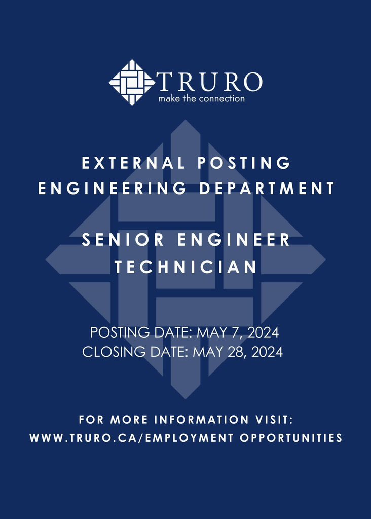 EMPLOYMENT OPPORTUNITY

The Town of Truro will receive applications for Senior Engineer Technician with the Engineering Department. This is a full-time non-union position and is subject terms of the Town’s Non-Union Personnel Policy.

For more information: truro.ca/employment-opp…