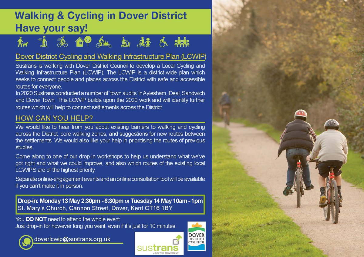 🚶‍♀️🚲Enjoy walking or cycling to keep fit & active? 🤔💭Come to a drop-in session to share your views about improving routes in the Dover district. 🏛️ St Mary’s Church Parish Centre, Dover Mon 13 May 2.30–6.30pm, Tues 14 May 10am–1pm 💻Online - email doverlcwip@sustrans.org.uk