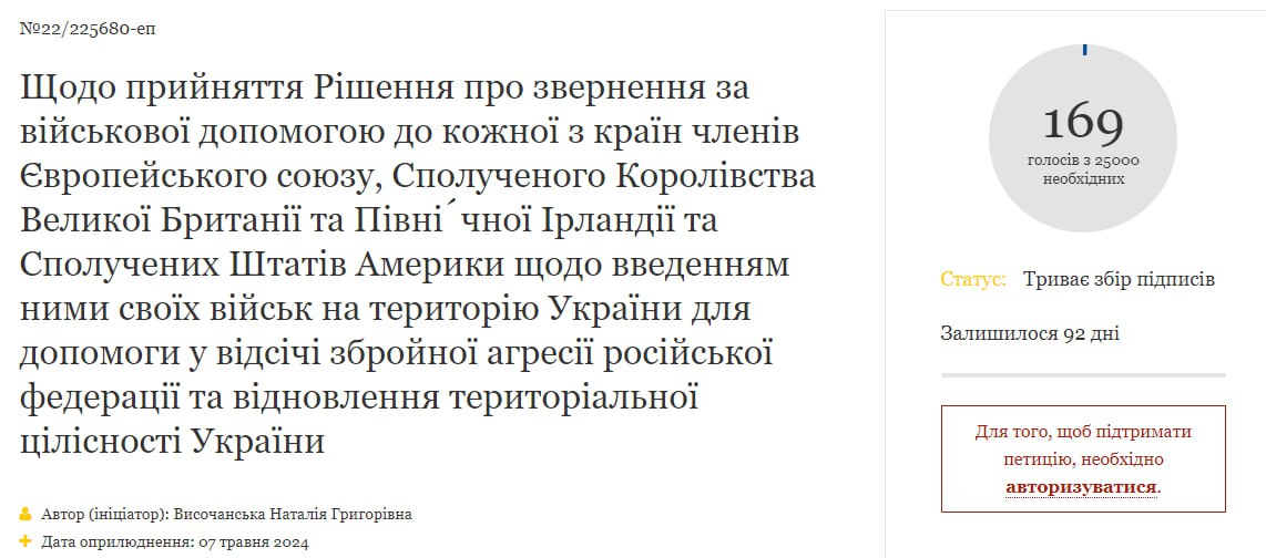 На сайте президента Украины Владимира Зеленского появилась петиция с призывом ввести иностранные войска на территорию страны. Для ее рассмотрения необходимо 25 тысяч голосов. Петицию пока подписали несколько десятков человек.