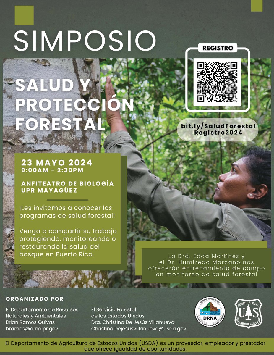 🌳📅 ¡Atención a todos los profesionales en salud forestal! Le invitamos al Segundo Simposio Híbrido de Salud y Protección Forestal el 23 de mayo en el Anfiteatro de Biología de la UPR de Mayagüez. Regístrese aquí: bit.ly/SaludForestalR…