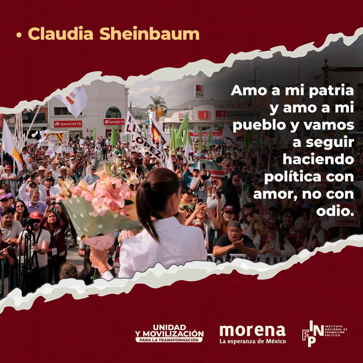 Para @Claudiashein lo que hace diferente a nuestro movimiento es el amor a la patria y al pueblo. Seguiremos construyendo el segundo piso de la cuarta transformación anteponiendo el bienestar de las mayorías. ¡Es tiempo de mujeres de izquierda! 💜💚#YoConClaudia