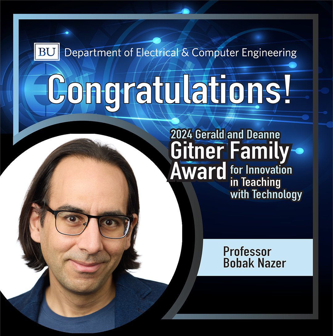 Congratulations to Professor Bobak Nazer, 2024 recipient of Boston University's Gerald and Deanne Gitner Family Award for Innovation in Teaching with Technology! bu.edu/eng/2024/05/07…