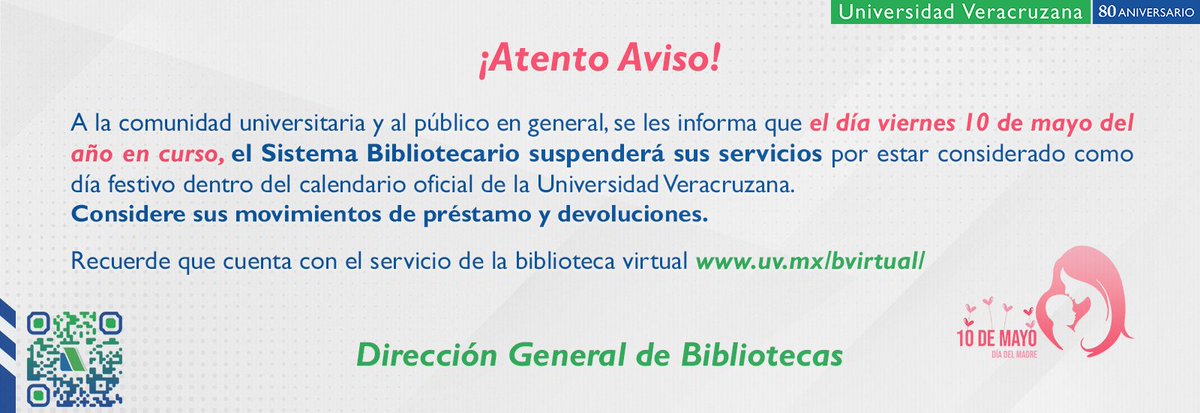 #TomaNota 📋El próximo viernes 10 de mayo la @usbixalapa suspenderá servicios bibliotecarios.