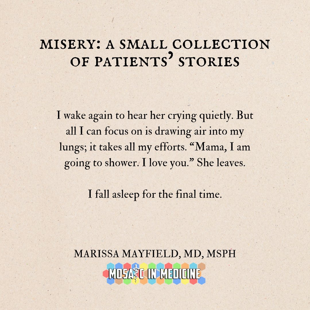 Dr. Mayfield puts herself into her patients' shoes on her gynecology-oncology rotation. Her patient experiences have taught her compassion and empathy in a job that is often frustrating and rushed. Read the rest of the collection in the link below.

mosaicinmedicine.org/misery-a-small…