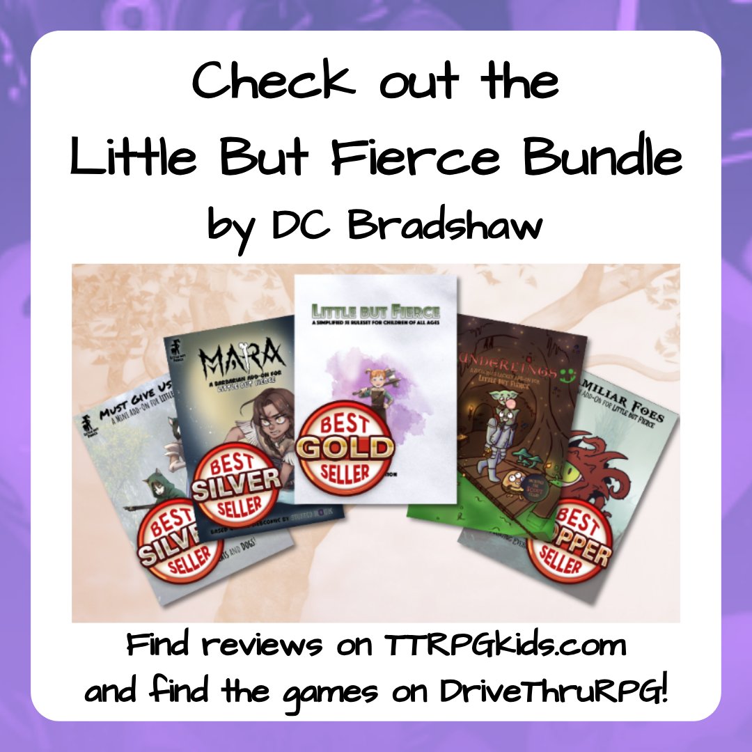 If you're looking to try out 5e with kids, Little But Fierce by @DCBradshawRPG is a great place to start!

Find a full review of the core game and expansions on TTRPGkids, and find the bundle on DriveThruRPG!

#TTRPGkids #DnDkids #DnD #DnDforkids #TTRPG