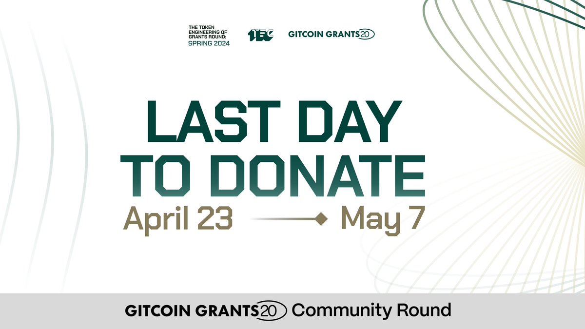 📣 LAST DAY to donate in #GG20! 🌿 It's your last chance to be part of this exciting round and support innovative token engineering projects. Make your donation before it's too late! #GG20 👇 explorer.gitcoin.co/#/round/10/9