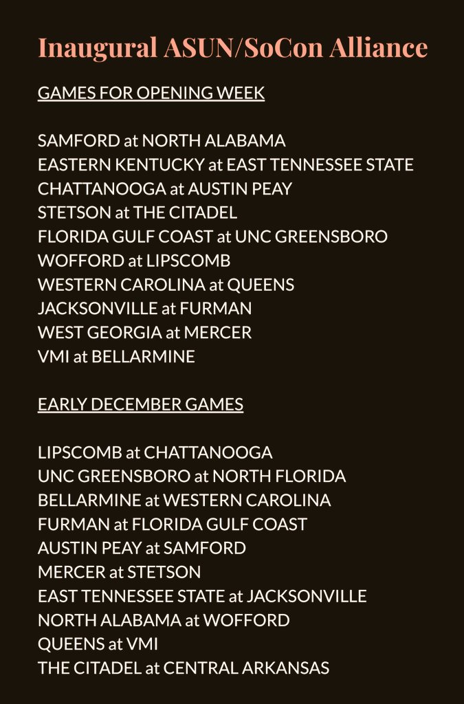 NEWS: The ASUN and SoCon have agreed on a scheduling alliance, per multiple sources. Part of non-conference scheduling efforts for each league heading into 24-25. Here are the initial matchups for the upcoming season, subject to change: #ASUN #SoCon