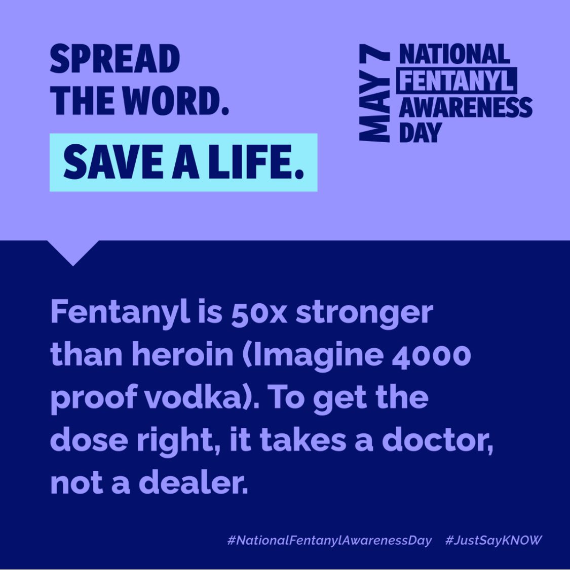 Fentanyl is 50x stronger than heroin and present in many illegal drugs (pills and powders) teens might come across. Most kids don’t understand the dangers of fentanyl. Spread the word and find more resources at fentanylawarenessday.org. #justsayKNOW #NationalFentanylAwarenessDay