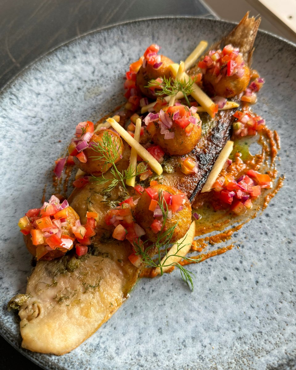 Lemon-Caper Butter Roasted Sole / Dill-Jalapeño Fried Dumplings / Sun-dried Tomato Hummus by Charles Lee 🐟 Chefs - want us to share your dish? 👩‍🍳👨‍🍳 Download Chef Plus, create a FREE profile & upload your pics 📸⁠ Apple: apple.co/442DqMU Google: bit.ly/3JpLe1A