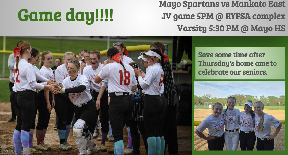 GREAT DAY FOR SOFTBALL!! 
Your Mayo Spartans take on Mankato East varsity at 5:30 everyone else normal time 
LETS GO MAYOOO