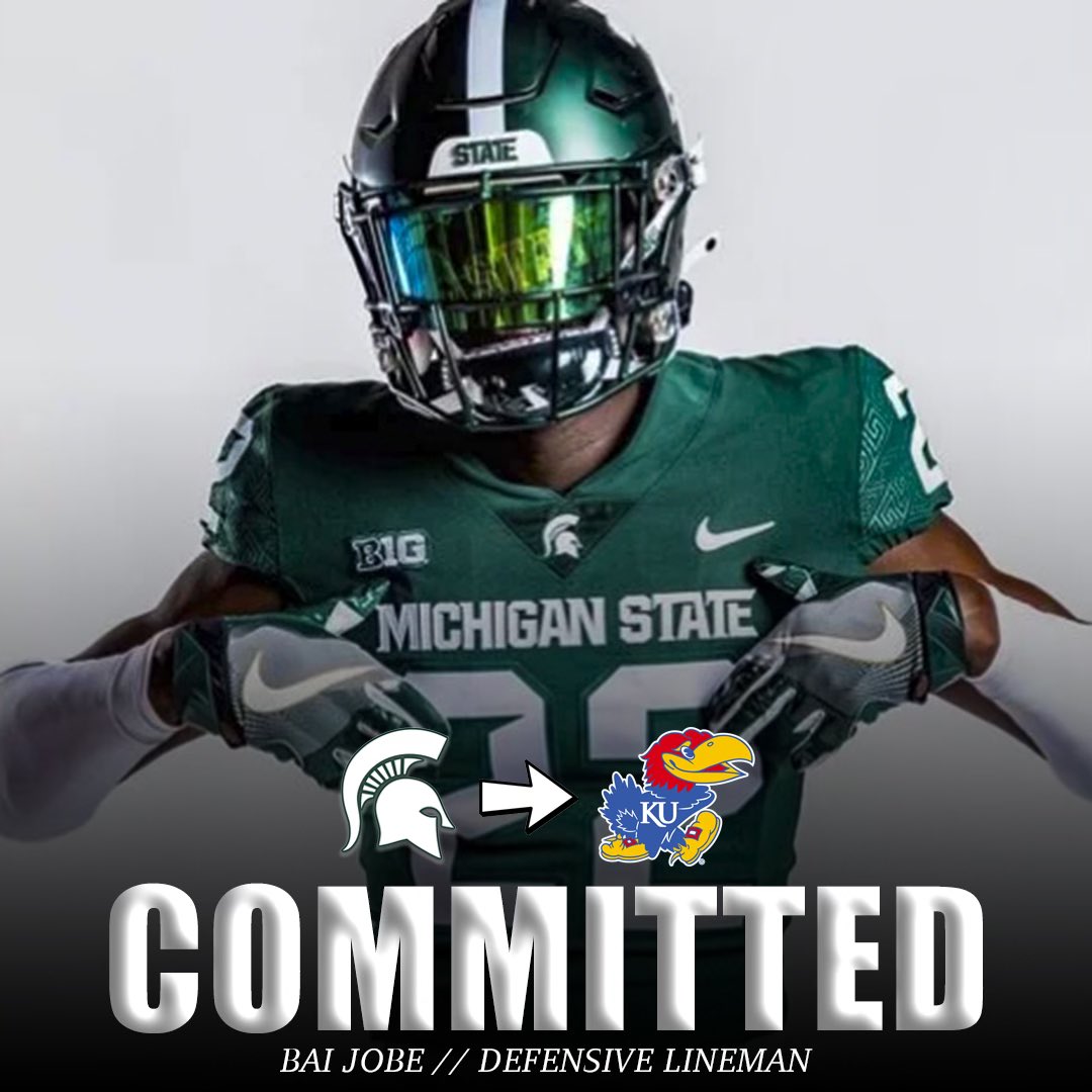 Michigan State transfer Bai Jobe has committed to KU! He is a 6’4” 235 lbs defensive lineman who was ranked as a 4 star recruit coming out of high school/is currently ranked as a 4 star transfer.