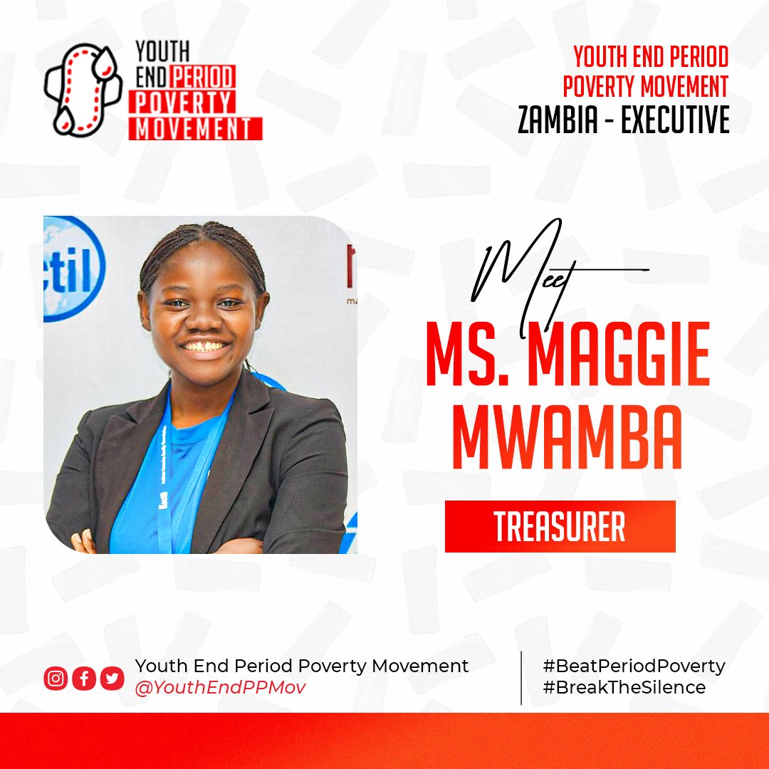 📢📢Meet our Youth End Period Poverty Movement🇿🇲 Leadership 

Ms. Maggie Mwamba🤝

Treasurer 

#breakthesilence #beatperiodpoverty