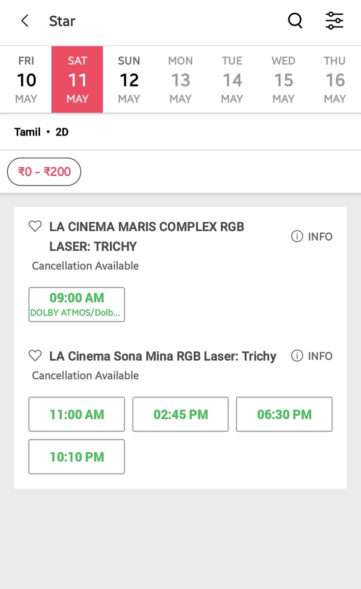 #Star Trichy LA Cinema Maris Rock LA Cinema Sona Screen2 Spl 9am show scheduled in Maris70MM screen on Saturday & Sunday