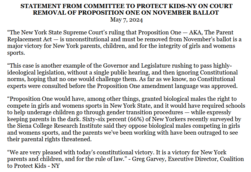 Pro and anti NY Equal Rights Amendment groups put out statements regarding a new court ruling to remove the measure from the ballot in November. New Yorkers for Equal Rights has focused on abortion protections while the Committee to Protect Kids has focused on trans athletes