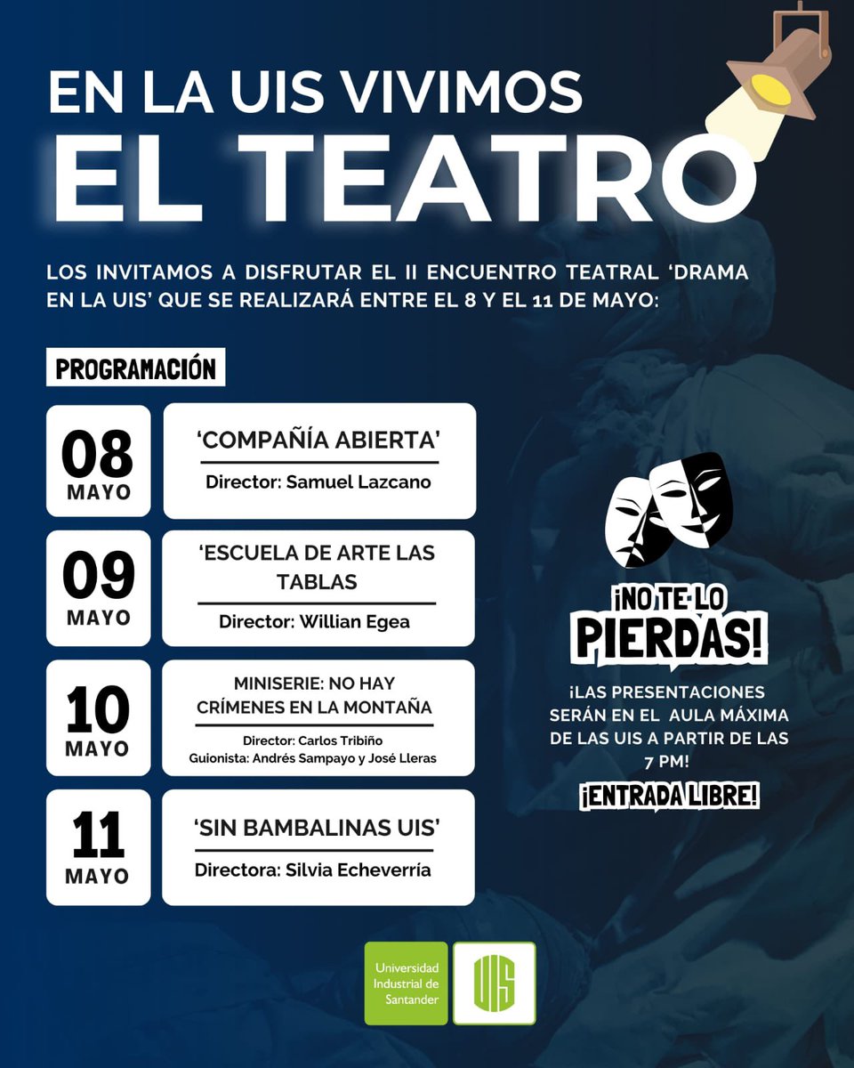 asampayo's tweet photo. Aquí están los dos pósters de "No hay crímenes en las montañas", el primero creado por el gran artista @ELECTROBUDISTA. También pueden consultar la agenda cultural del Segundo Encuentro Teatral "Drama en la UIS". ¡Esta semana Barrancabermeja se llena de cultura! 🎨🎭 https://t.co/Kh7JyhnhHm