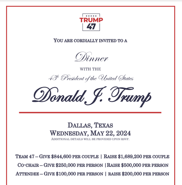 TRUMP to raise money in Dallas in a few weeks — notably on a Wednesday, the day he's not required to be in Manhattan for his trial. Per new invite.